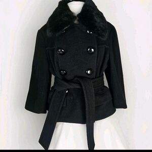 Bebe Wool With Fur Trim Crop 3/4 Length Sleeve Jacket Large